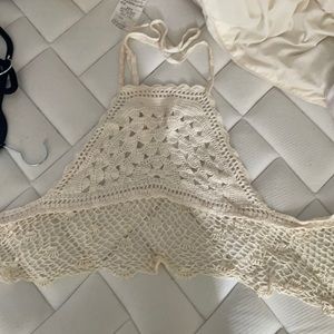 Crochet halter tie back white shirt UO